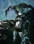 arm_cannon black_hair black_rock_shooter black_rock_shooter_(character) blue_eyes blue_fire fire highres hoodie midriff pale_skin scar shorts solo twintails weapon yorugao 