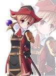  arms_behind arms_behind_back blush breasts brown_hair female final_fantasy final_fantasy_xi gloves hat hume masaki_(machisora) purple_eyes red_mage rod short_hair smile solo staff thighhighs zoom_layer 