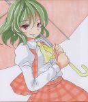  green_hair highres kazami_yuuka marker_(medium) s-syogo shikishi skirt skirt_set smile solo touhou traditional_media umbrella youkai 