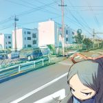  artist_request bangs black_eyes black_hair building fence long_hair motor_vehicle original parted_bangs ponytail power_lines ribbon road_sign sign solo street telephone_pole tree vehicle 