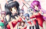  animal_ears black_hair black_legwear blue_eyes blue_hair bow bowtie breasts brown_hair bunny_ears bunnygirl bunnysuit cleavage fishnet_legwear fishnet_pantyhose fishnet_stockings fishnets fujiwara_no_mokou green_hair hair_bow hairband heart highres houraisan_kaguya imperishable_night inaba_tewi kamishirasawa_keine kamiya_tomoe legwear long_hair multiple_girls mystia_lorelei necktie open_mouth pantyhose pink_hair purple_eyes red_eyes reisen_udongein_inaba short_hair silver_hair thigh-highs thighhighs touhou violet_eyes white_hair wings wriggle_nightbug wrist_cuffs yagokoro_eirin yellow_eyes 