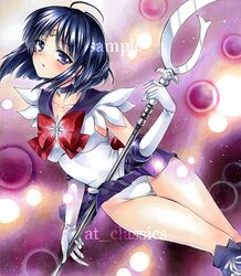  1girl artist_name at_classics bishoujo_senshi_sailor_moon bow choker elbow_gloves gloves magical_girl marker_(medium) panties polearm purple_hair sailor_saturn sample short_hair skirt solo tiara tomoe_hotaru traditional_media underwear violet_eyes weapon wind_lift 