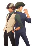  back-to-back black_hair brown_eyes brown_hair cabbie_hat cigarette company_connection cowboy_bebop crossover facial_hair formal green_hair hands_in_pockets hat kaburagi_t_kotetsu lunarclinic male multiple_boys necktie short_hair spike_spiegel stubble suit sunrise_(company) tiger_&amp;_bunny vest waistcoat watch wristwatch 