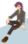  brown_eyes casual footwear inazuma_eleven inazuma_eleven_(series) inazuma_eleven_go jacket male minamisawa_atsushi multicolored_eyes pants purple_hair shirt shoes smile socks solo tmrn yellow_eyes 