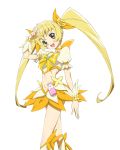  :d blonde_hair cure_sunshine female fujimoto_satoru heartcatch_precure! highres long_hair looking_at_viewer midriff myoudouin_itsuki navel open_mouth precure simple_background smile solo twintails two-finger_salute white_background wrist_cuffs yellow_eyes 