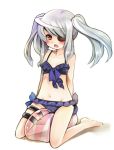  :o arms_behind_back barefoot bikini blush contact966 eyepatch infinite_stratos kneeling laura_bodewig long_hair looking_at_viewer mound_of_venus navel open_mouth red_eyes silver_hair sitting_on_object solo sweatdrop swimsuit twintails 