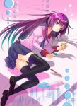  bakemonogatari black_legwear blue_eyes boxcutter hayama_eishi long_hair monogatari_(series) protractor purple_hair ruler school_uniform scissors senjougahara_hitagi skirt solo stapler thigh-highs thighhighs 