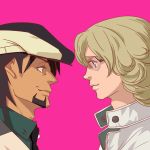  bad_id barnaby_brooks_jr blonde_hair brown_eyes brown_hair cabbie_hat facial_hair glasses green_eyes hat jacket kaburagi_t_kotetsu kosiankoro male multiple_boys necktie profile short_hair simple_background stubble tiger_&amp;_bunny 