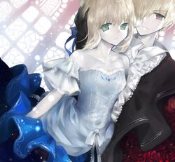  1girl alternate_costume blonde_hair dress dutch_angle fate/stay_night fate/zero fate_(series) formal gilgamesh gloves green_eyes hair_down hair_ribbon highres long_hair red_eyes ribbon saber sevten_(ashkeroth) short_hair suit 