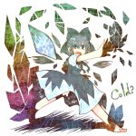  bad_id barefoot blue_eyes blue_hair cirno dress hair_ribbon highres ice open_mouth ribbon ringetsumon short_hair smile solo touhou wings 