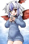  akou_roushi alternate_costume blush bottomless brown_eyes head_wings horns multicolored_hair naked_sweater no_pants revision ribbed_sweater simple_background smile solo sweater tokiko_(touhou) touhou two-tone_hair wings 