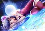  blush dutch_angle floating flower full_moon hair_flower hair_ornament idolmaster light_particles long_hair lying moon natsu_(anta_tte_hitoha) on_side red_eyes shijou_takane silver_hair smile solo thigh-highs thighhighs 