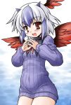  akou_roushi alternate_costume blush bottomless brown_eyes head_wings horns multicolored_hair naked_sweater no_pants ribbed_sweater simple_background smile solo sweater tokiko_(touhou) touhou two-tone_hair wings 