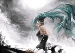  aqua_hair bad_id blank_eyes city clouds detached_sleeves glowing glowing_eyes hatsune_miku headphones kimahri215 long_hair looking_back open_mouth sky solo twintails very_long_hair vocaloid 