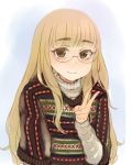  alternate_costume blonde_hair blush bust casual glasses highres long_hair mune perrine_h_clostermann smile solo strike_witches sweater translated translation_request v yellow_eyes 