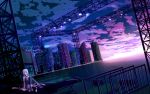  black_legwear breasts center_opening city cityscape cloudy_sky guilty_crown highres langjiao pink_hair red_eyes scenery sitting sky solo star_(sky) sunset thighhighs vocaloid yuzuriha_inori 