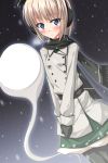 1girl alternate_costume black_legwear blush dutch_angle earmuffs gloves hairband hitodama jacket konpaku_youmu konpaku_youmu_(ghost) light_smile pantyhose plastic_eraser scarf short_hair silver_hair snow solo touhou winter winter_clothes