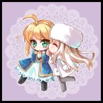  ahoge blonde_hair chibi doily dress eyelashes fate/stay_night fate/zero fate_(series) fur_hat green_eyes hat heart irisviel_von_einzbern kiss long_hair multiple_girls pantyhose saber saya_kohiji_mame white_hair 