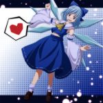  blue_dress blue_eyes blue_hair blush bow cirno cosplay detached_sleeves dress hair_bow hakurei_reimu hakurei_reimu_(cosplay) heart highres letterboxed long_sleeves midriff miko navel open_mouth outside_of_border s-syogo smile solo spoken_heart touhou wings 