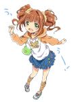  :d arm_up bad_id bag brown_hair frog green_eyes hair_ribbon heart hoodie idolmaster kona_(canaria) open_mouth purse ribbon shirt shoes skirt smile sneakers solo takatsuki_yayoi twintails 