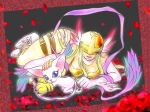  2girls all_fours angewomon animal_ears blue_eyes breastplate breasts cat_ears cat_paws cat_tail digimon digimon_adventure head_wings helmet lying multiple_girls paws ribbon single_boot single_elbow_glove single_glove tail tailmon thigh_strap visor 