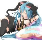  animal_ears aqua_hair arms_up bell cat's_dance_(vocaloid) cat_ears cat_tail chain closed_eyes collar eyes_closed gloves hair_ribbon hatsune_miku jingle_bell kemonomimi_mode long_hair lying on_side ribbon ribon_non simple_background smile solo tail thigh-highs thighhighs torn_clothes torn_dress torn_gloves twintails vocaloid zettai_ryouiki 