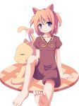  animal_ears barefoot blue_eyes blush brown_hair cat cat_ears cat_tail extra_ears feet foreshortening intertwined_tails light_smile masaki_(machisora) original short_hair sitting smile soles solo tail toes twintails 