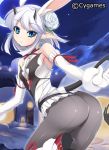  animal_ears ass bahamut_(game) bare_shoulders blue_eyes bunny_lilith_limil character_request elbow_gloves gloves horns lilim_rimiru looking_back mel/a pantyhose shingeki_no_bahamut solo tail watermark white_hair 