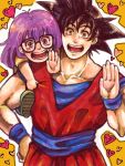  black_hair child creator_connection crossover dr._slump dragon_ball dragon_ball_z dragonball_z glasses green_eyes heart long_hair muscle norimaki_arale piggyback purple_eyes purple_hair son_gokuu spiked_hair spiky_hair violet_eyes 