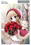  absurdres artbook bare_tree beret blonde_hair blue_eyes capelet copyright_request flower hair_ornament hairclip hat highres hood karory poinsettia scan solo stuffed_animal stuffed_toy teddy_bear translation_request tree winter winter_clothes 