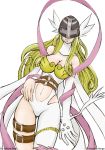  angewomon asymmetrical_clothing bare_shoulders belt blonde_hair breastplate breasts cleavage collar digimon digimon_adventure hand_on_hip head_wings helmet hips large_breasts long_hair melodyzombie navel navel_cutout ribbon single_elbow_glove single_glove slender_waist solo thigh_strap visor 