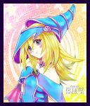  amiko bare_shoulders blonde_hair blue_eyes blush character_name dark_magician_girl duel_monster gradient gradient_background hat jewelry necklace pentacle pink_background solo title_drop yellow_background yu-gi-oh! yuu-gi-ou yuu-gi-ou_duel_monsters 