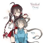  black_hair braid fingerless_gloves gloves grey_hair grin ling_caiyin long_hair lowres luo_tianyi multiple_girls red_eyes rough simple_background smile twintails v vocaloid yayin_gongyu yellow_eyes yueloves yuezheng_ling 