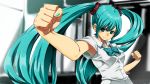  1920x1080 aqua_eyes aqua_hair aqua_nails armpits bowtie clenched_hands fighting_stance fist foreshortening hatsune_miku highres long_hair nail_polish pizzadev school_uniform solo twintails very_long_hair vocaloid wallpaper 