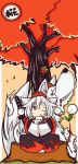  1girl animal_ears character_name cigarette detached_sleeves hat highres inubashiri_momiji kunitori leaf maple_leaf one_eye_closed red_eyes shield short_hair silver_hair skirt smile smoking_pipe solo sword tail tokin_hat touhou tree weapon white_hair wolf wolf_ears wolf_tail 