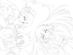  bad_id bow chain chains circle_formation copyright_request japanese_clothes kimono lineart long_hair masaki_(machisora) monochrome multiple_girls on_back pointing short_hair sleeping smile twintails 