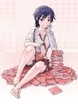  absurdres bakemonogatari bandage bandages barefoot bike_shorts black_hair book bracelet brown_eyes feet highres jewelry kanbaru_suruga monogatari_(series) necktie short_hair smile solo suspenders toes yoshikawa_kazunori 