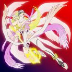  1girl angel_wings angewomon arrow asymmetrical_clothing belt breastplate breasts cleavage digimon digimon_adventure gel_shu gradient gradient_background head_wings helmet multiple_wings navel_cutout open_mouth ribbon single_boot single_elbow_glove single_glove solo thigh_strap wings 