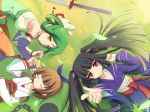  bad_id black_hair bow brown_hair chain chains circle_formation closed_eyes copyright_request eyes_closed green_hair japanese_clothes kimono long_hair masaki_(machisora) multiple_girls on_back pointing red_eyes short_hair sleeping smile sword twintails weapon yellow_eyes 