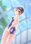  brown_eyes brown_hair competition_swimsuit from_behind goggles goggles_on_head highres looking_back one-piece_swimsuit original short_hair swim_cap swimsuit takuya_kame 