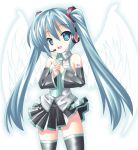  blue_eyes blue_hair hatsune_miku headphones highres long_hair skirt solo sumikaze thigh-highs thighhighs twintails vocaloid wings 