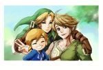  3boys blonde_hair blue_eyes clenched_teeth earrings elf eyes_closed gloves grin happy hat jewelry link looking_at_viewer male multiple_boys multiple_persona nintendo ocarina_of_time outdoors pointy_ears posing short_hair smile the_legend_of_zelda trio_persona triple_persona twilight_princess v wind_waker 