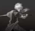  banshourenly gintama japanese_clothes katana male monochrome realistic sakata_gintoki silver_hair solo sword weapon 