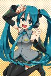  aqua_eyes aqua_hair checkered checkered_background detached_sleeves hatsune_miku headphones highres long_hair necktie open_mouth pizzadev sitting skirt smile solo thigh-highs thighhighs twintails vocaloid zettai_ryouiki 