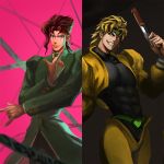  2boys abs blonde_hair dio_brando earrings evil_grin evil_smile fangs gakuran grin hierophant_green holding_knife jacket jewelry jojo_no_kimyou_na_bouken jojo_pose just1ce kakyouin_noriaki knife male_focus multiple_boys muscle red_eyes redhead scar scar_across_eye school_uniform smile stand_(jojo) violet_eyes work_in_progress 