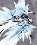  alternate_costume blue_eyes blue_hair bow cirno cosplay elbow_gloves gloves grey_background grin hair_bow ice ice_sword ice_wings look-alike mahou_shoujo_madoka_magica miki_sayaka miki_sayaka_(cosplay) short_hair simple_background smile solo sword thigh-highs thighhighs touhou weapon white_legwear windfeathers wings 