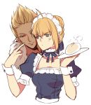  1girl anger_vein bad_id blonde_hair carnival_phantasm cocopps fate/stay_night fate_(series) food gilgamesh green_eyes maid middle_finger nikuman red_eyes saber short_hair white_background 