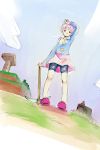  arm_up bike_shorts cloud hairband heart komeiji_satori kurokuro minecraft pickaxe pink_hair purple_eyes short_hair shorts_under_skirt sketch skirt sky solo touhou violet_eyes 