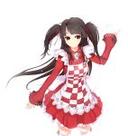  arm_up bangs black_hair blunt_bangs bow brooch checkered cozyquilt dress frilled_dress frills gem grin hair_ribbon jewelry light_smile long_hair original outstretched_arm outstretched_hand parted_bangs pleated_dress red_eyes ribbon smile thigh-highs thighhighs twintails two_side_up white_legwear 