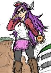  1girl adult boots breasts crossover dr._slump dragon_ball dragon_ball_(object) glasses gloves head_wings holding knee_boots long_hair long_sleeves norimaki_arale pantyhose purple_eyes purple_hair sketch skirt solo violet_eyes 
